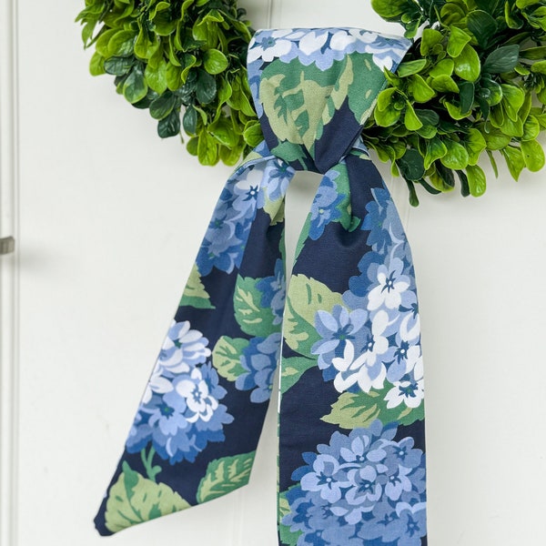 Navy Hydrangea Wreath Sash, Floral Wreath Bow, Grandmillenial Decor, Baby Shower Bow, Front Door Bow, Boxwood Wreath Sash, Shower Gift