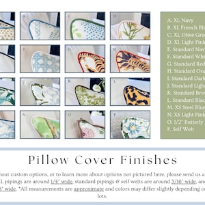 May include: A grid of sixteen close-up images labeled A through P showing various pillow cover finishes with different piping colors and fabric patterns. A text box lists the options, and a footer specifies piping widths of 1/4, 3/16, and 1/8 inch.