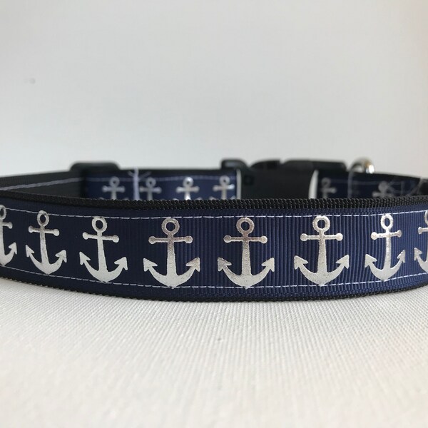 Navy anchor dog collar, silver, sailing, boating, coast guard, summer, dolledupdoggie