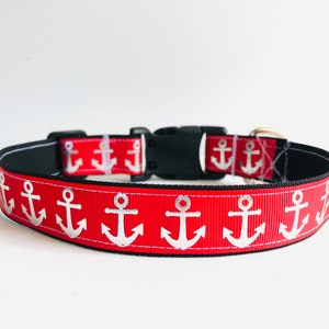 Red anchor dog collar, sailing, boating, lake, ocean, beach, summer, nautical, silver, dolledupdoggie