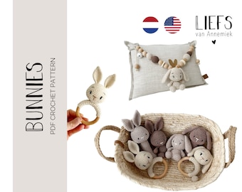 PDF crochetpattern Bunnies 3 variants | Haakpatroon Konijntjes 3 varianten ENG en NL | Amigurumi | Crochet | Bunnie | Rammelaar | Rattle