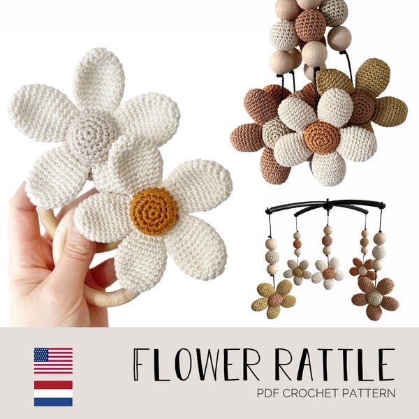 PDF crochetpattern Flower daisy rattle | Haakpatroon bloem rammelaar en/of speenkoord ENG en NL | Amigurumi | crochet | Madelief