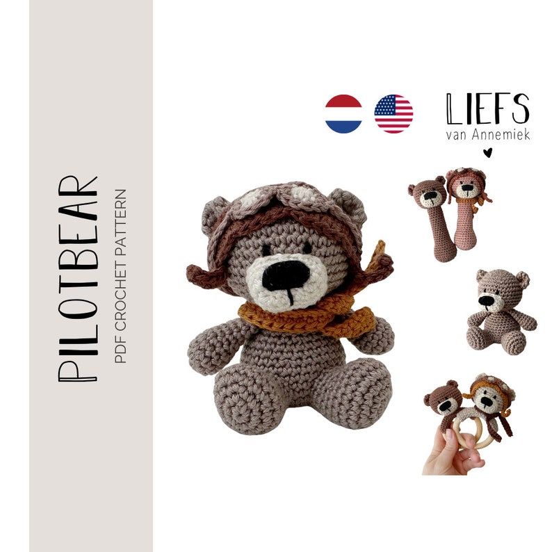Puede incluir: Un patr&oacute;n de crochet para un juguete amigurumi de oso piloto. El patr&oacute;n incluye instrucciones para hacer un oso marr&oacute;n con un gorro de aviador marr&oacute;n y una bufanda marr&oacute;n. El patr&oacute;n est&aacute; disponible en ingl&eacute;s y holand&eacute;s. El patr&oacute;n se llama "Pilot Bear" y es de "Liefs van Annemieck".