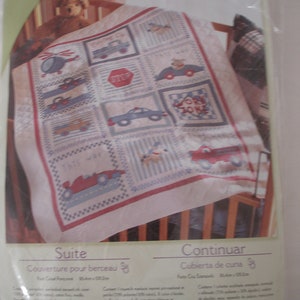 Moving On Vehicles Fire Truck, Police Car, Race Car, Pick up Trucks, Cars, Helicopter & Traffic Signs/ Cross Stitch Quilt Kit/ Bucilla/ NEW