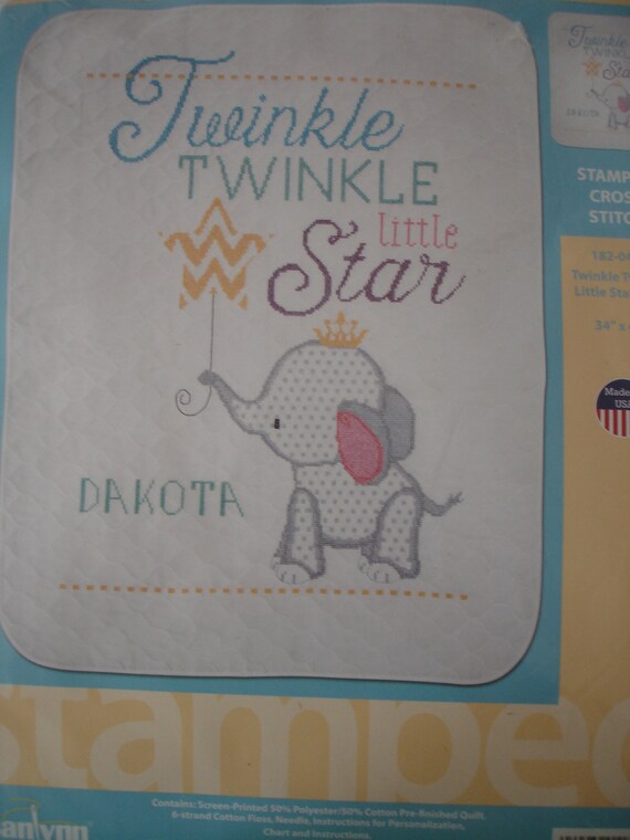 Baby Elephant With Balloon Nursery Rhyme Twinkle Twinkle Little Star Cross Stitch Quilt Kit Birth Record Sampler Kit 9x12 Janlynn NEW Etsy