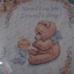 Teddy Bear with Guardian Angel are Saying their Prayer of Now Lay Me Down to Sleep/ Cross Stitch Quilt Kit by Dimensions/ size 34x43/ NEW