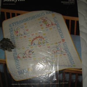 Dinosaur's Brontosaurus, T-Rex, Stegosaurus, Triceratops Cross Stitch Quilt Kit/ Janlynn/ Dated 1987/ Kit #35-251/ New original sealed bag