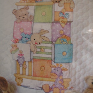 Baby Drawers has a Bears, Elephant, Bunnies and Giraffe hanging out of the Dresser Drawers/Cross Stitch Quilt Kit/ Dimensions/NEW Sealed Pk.