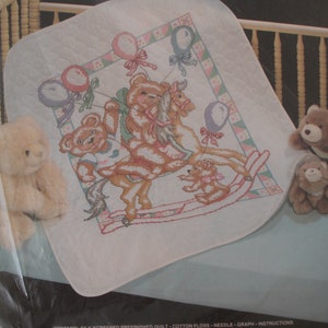 Teddy Bears on a Rocking Horse with lots of Balloons/ Cross Stitch Quilt Kit/ Janlynn/ 34x43/ Dated 1989/ New condition replaced packaging