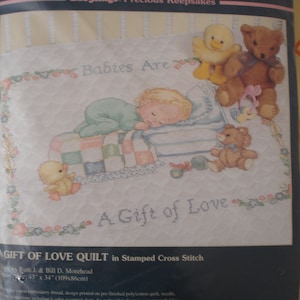 Babies Are a Gift of Love of a Sleeping Baby their Toys while Napping on a Quilt/ Cross Stitch Quilt Kit by Sunset-Dimensions/ 34x43/ New