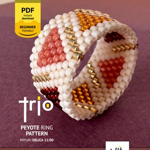 May include: A beaded ring with a heart pattern in shades of red, gold, and white. The ring is made with small beads and features the text "trio PEYOTE RING PATTERN" and "PDF Instant download BEGINNER FRIENDLY".