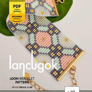 Puede incluir: Un patrón de pulsera de telar de cuentas en colores pastel suaves de rosa, verde menta, gris y dorado. La pulsera se muestra con un cierre y una cadena dorados. El texto "PDF Descarga instantánea Principiante amigable" es visible. El texto "lancigok" también es visible.