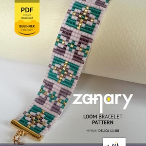 May include: A beaded loom bracelet pattern with a geometric design in teal, lavender, gold, and white. The pattern is labelled "Zanary" and includes the text "Loom Bracelet Pattern" and "Miyuki Delica 11/00". The image also includes a "PDF" and "Beginner Friendly" label.