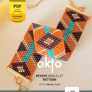 May include: A beaded peyote bracelet pattern with a geometric design in shades of orange, brown, teal, and purple. The pattern is labelled "okto" and includes the text "PEYOTE BRACELET PATTERN MIYUKI DELICA 11/00". A PDF download is available.