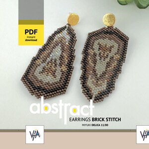 May include: A pair of abstract earrings with a brick stitch design. The earrings are primarily brown, beige, and black, with gold-colored studs. The text "abstract earrings brick stitch" is visible in the image.