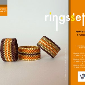 Pode incluir: Três anéis de contas nas cores marrom, dourado e laranja. Os anéis são feitos com ponto de peyote e têm aproximadamente 1,2 cm de largura e 6,4 cm de circunferência. O diagrama de contas está incluído para as contas Miyuki Delica 11/00.