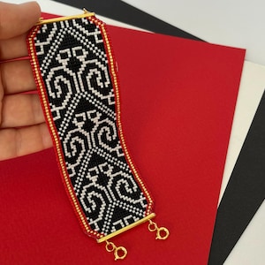 Miyuki Loom Bracelet Pattern, Beading Loom Bracelet, Wide Bead Bracelet Pattern, Miyuki Delica Beading Chart - Black-White Bracelet - Hadka