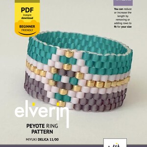 May include: A colourful beaded peyote ring in teal, white, gold, and grey. The ring has a geometric pattern and is made with Miyuki Delica 11/00 beads. The image includes text that says "elverin PEYOTE RING PATTERN" and "BEGINNER FRIENDLY".