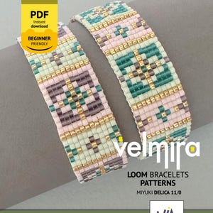 Patrones para tejer pulseras en telar con cuentas Miyuki Delica en dos versiones de color - Velmira