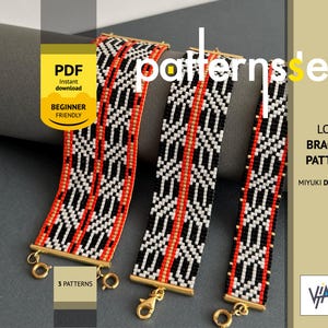 May include: Three loom bracelet patterns with black, white, and red geometric designs. The bracelets have gold-colored clasps. The image includes text that says "patterns set", "LOOM BRACELET PATTERNS", and "MIYUKI DELICA 11/00". A yellow badge says "PDF Instant download BEGINNER FRIENDLY".