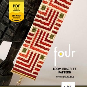 May include: A loom bracelet pattern featuring a geometric design of cream, red, and olive green beads. The text reads PDF Instant download BEGINNER FRIENDLY, four, LOOM BRACELET PATTERN, MIYUKI DELICA 11/0, and the logo VIA. The pattern is for beadwork.
