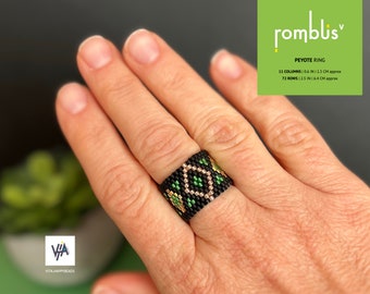 Peyote Ring Pattern, Ring Black Bead Tutorial, Geometric Beaded Ring, Miyuki Delica Ring, Odd Count One Drop Stitch Peyote - Rombus 5
