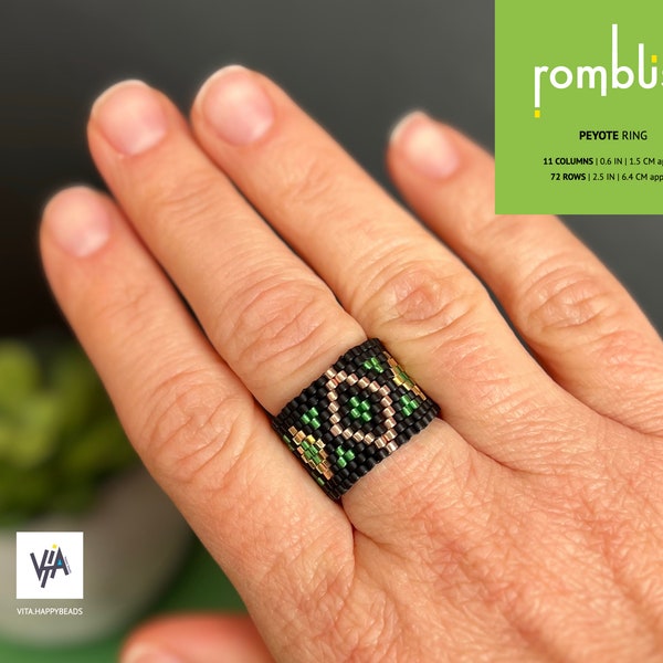 Peyote Ring Pattern, Ring Black Beads Tutorial, Geometric Beaded Ring, Miyuki Delica Ring, Odd Count One Drop Stitch Peyote - Rombus 5