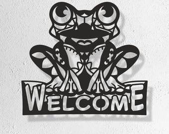 カエルのウェルカムサインSVG、幾何学模様のカエルDXF、モダンな動物のレーザーカットファイル、Cricutウォールアートデザイン