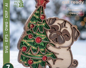 クリスマス パグ SVG | クリスマスツリーを抱きしめるパグ レーザーカットファイル | 7 レイヤー 3D マルチレイヤー SVG Dxf Dwg Eps Ai | クリスマス 犬 木製ウォールアート