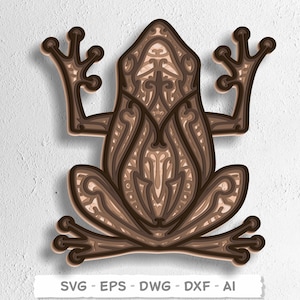 May include: A layered, brown frog design with intricate patterns. The frog is depicted in a sitting position with its arms and legs extended. The image includes the text "SVG - EPS - DWG - DXF - AI" at the bottom.