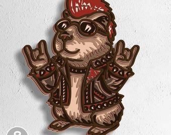 May include: A layered wooden art piece depicting a cartoon hamster in a punk rock style. The hamster wears sunglasses, a studded jacket, and has a red mohawk. The image includes the text "8 Layers" and file type options: SVG, EPS, DWG, DXF, and AI.