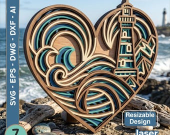 Phare, océan, cœur, SVG 3D multicouche : fichier de découpe laser mandala nautique