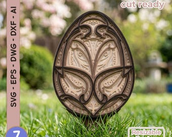 May include: A multi-layered wooden egg-shaped ornament featuring intricate laser-cut patterns in shades of dark and light brown. The design includes seven distinct layers and text stating laser cut ready, SVG, EPS, DWG, DXF, AI, and Resizable Design.