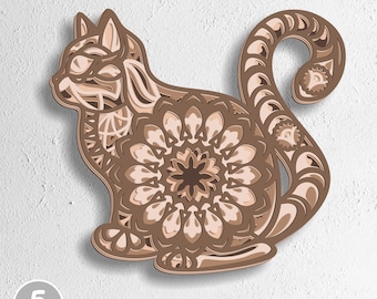 Mandala Cat SVG Layered | 5 layers cat wood cut file | animal mandala svg dxf eps ai | cricut laser cut Design