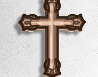 May include: A layered wooden cross in shades of brown and beige, with intricate decorative details. The cross is displayed against a white textured background. The bottom of the image includes the text "SVG - EPS - DWG - DXF - AI".