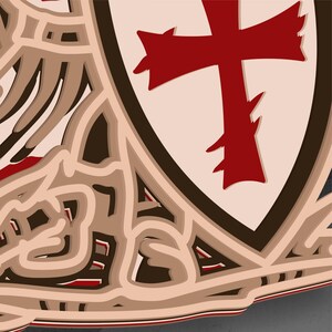 K&ouml;nnte beinhalten: Nahaufnahme eines geschichteten Designs mit einem roten Kreuz auf einem wei&szlig;en Schild, vor einem Hintergrund aus beigen und braunen abstrakten Formen. Das Design hat einen 3D-Effekt, wobei mehrere Schichten Tiefe und Schatten erzeugen.