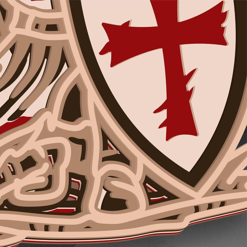 K&ouml;nnte beinhalten: Nahaufnahme eines geschichteten Designs mit einem roten Kreuz auf einem wei&szlig;en Schild, vor einem Hintergrund aus beigen und braunen abstrakten Formen. Das Design hat einen 3D-Effekt, wobei mehrere Schichten Tiefe und Schatten erzeugen.
