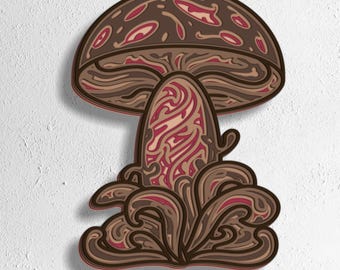 May include: A layered, three-dimensional mushroom design in shades of brown, tan, and red. The mushroom cap features oval shapes, and the stem has an intricate, swirling pattern. The image includes the text "SVG - EPS - DWG - DXF - AI".