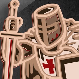 K&ouml;nnte beinhalten: Illustration eines mittelalterlichen Ritters in Braun- und Beiget&ouml;nen, der ein Schwert und einen Schild h&auml;lt. Der Helm des Ritters zeigt ein Kreuzdesign, und der Schild zeigt ein rotes Kreuz. Das Kunstwerk hat einen geschichteten 3D-Effekt vor dunklem Hintergrund.
