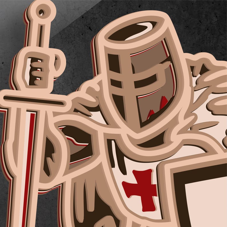K&ouml;nnte beinhalten: Illustration eines mittelalterlichen Ritters in Braun- und Beiget&ouml;nen, der ein Schwert und einen Schild h&auml;lt. Der Helm des Ritters zeigt ein Kreuzdesign, und der Schild zeigt ein rotes Kreuz. Das Kunstwerk hat einen geschichteten 3D-Effekt vor dunklem Hintergrund.