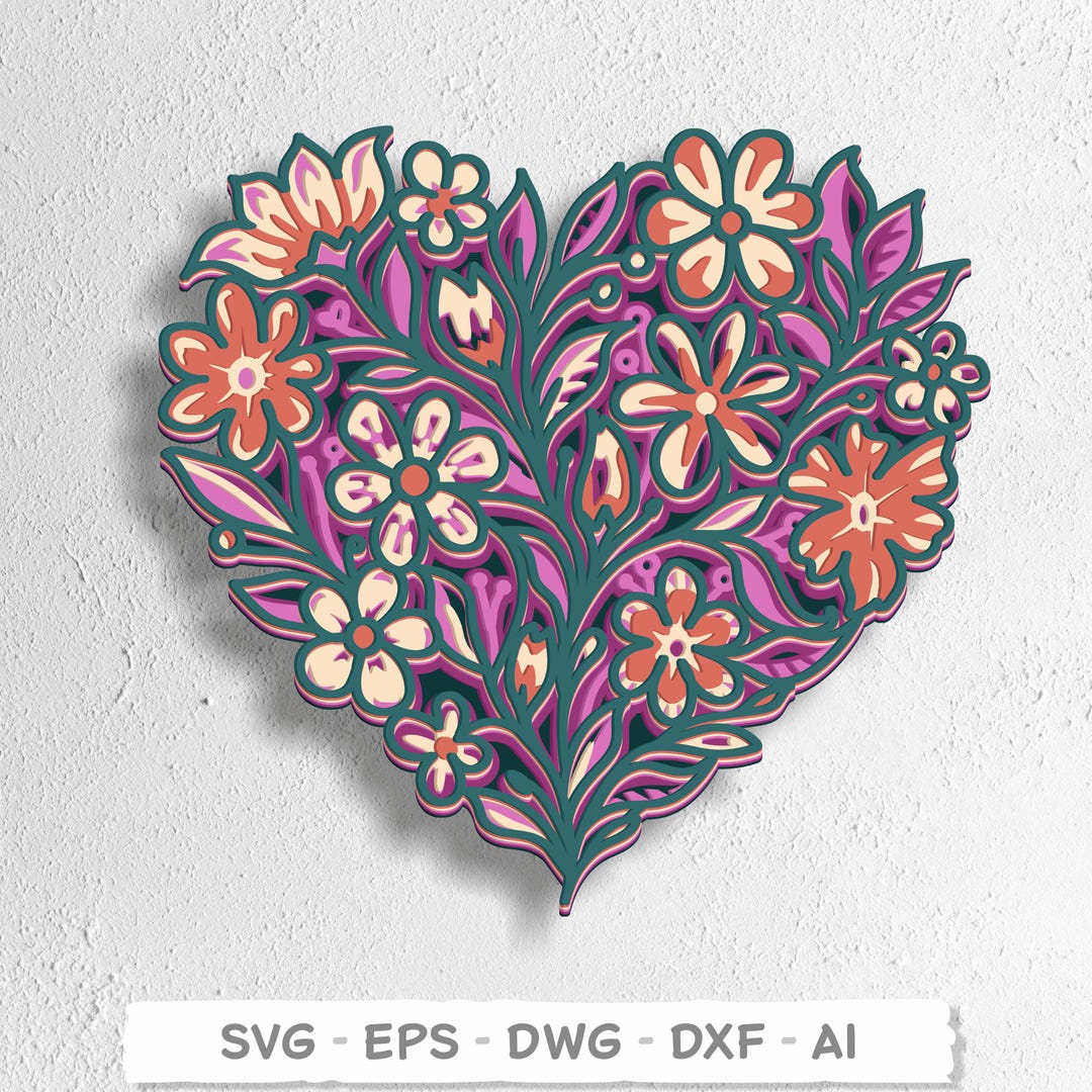 Floral Heart Mandala SVG: 3D Layered Laser Cut File (digital Download ...