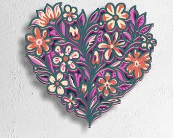 Floral Heart Mandala SVG: 3D Layered Laser Cut File (Digital Download