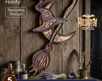 May include: A multi-layered laser cut wood wall art piece featuring a witch hat, a crescent moon with star cutouts, and a broomstick. The design includes purple and natural wood tones. Text reads: laser cut ready, Resizable Design, HALLOWEEN SVG, 5 LAYERS, SVG - EPS - DWG - DXF - AI.