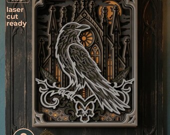 May include: A multi-layered laser cut design featuring a raven perched on a branch in front of a gothic cathedral with a moon. The artwork includes text stating Resizable Design, laser cut ready, 9 LAYERS, and file formats SVG, EPS, DWG, DXF, AI.
