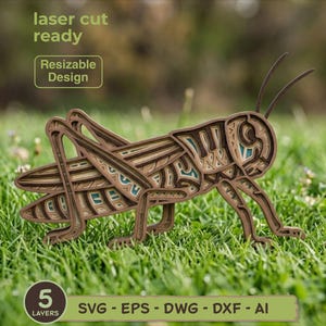May include: A multi-layered wooden grasshopper cutout featuring intricate patterns and teal accents. The text laser cut ready, Resizable Design, and 5 LAYERS SVG - EPS - DWG - DXF - AI are visible on the image, indicating a digital file for crafting.