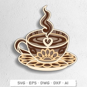 Taza de café cortada en 3D SVG multicapa. Taza de café cortada con láser para decoración del hogar. Taza de café SVG. Taza de café cortada. Archivos de descarga digital