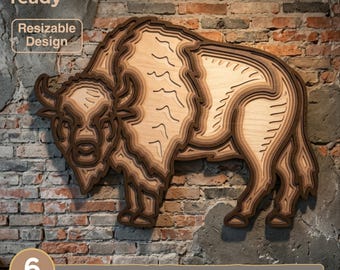 May include: A multi-layered wooden wall art piece depicting a bison in profile, featuring six distinct stacked layers with varying wood tones. The design includes text overlays stating laser cut ready, Resizable Design, and 6 LAYERS SVG - EPS - DWG - DXF - AI.