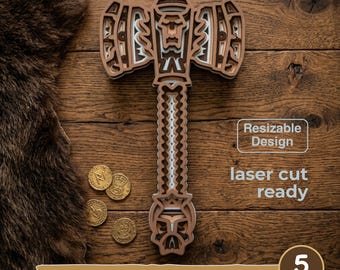 May include: A multi-layered laser-cut wooden hammer design featuring intricate geometric patterns and a central handle. The text reads Resizable Design, laser cut ready, and SVG - EPS - DWG - DXF - AI, 5 LAYERS. Four gold-coloured coins are nearby.