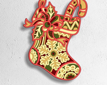 Christmas Stocking Svg, Layered Holiday Ornament Laser Cut File, 5 Layer Cricut Design, Glowforge, Cnc Dxf, Eps, Ai