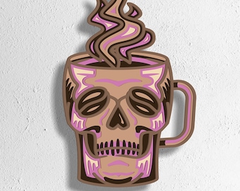May include: A layered wooden art piece showing a coffee mug shaped like a skull. The mug is brown, with pink and tan accents. Steam rises from the mug. The text "SVG - EPS - DWG - DXF - AI" is at the bottom.